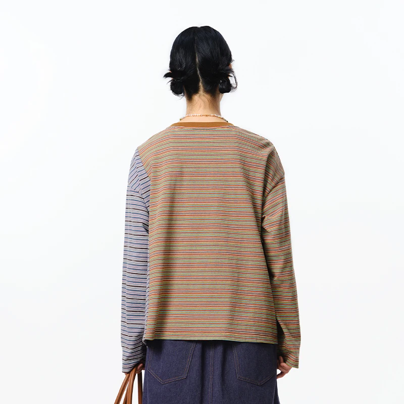 MOVEUP Long Sleeved Round Neck T-Shirt For Autumn Color Blocking Striped Patchwork Cat Embroidery Retro Tee For Women 3EWQ10505