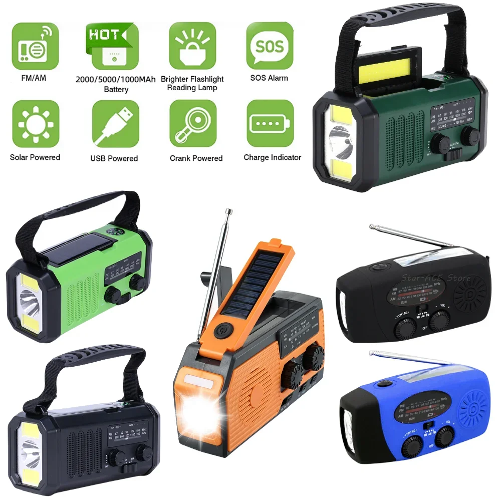 AM/FM Emergency Radio Solar Powered Hand Crank Radio with LED Flashlight 2000/10000mAh Power Bank Phone Charger SOS Alarm