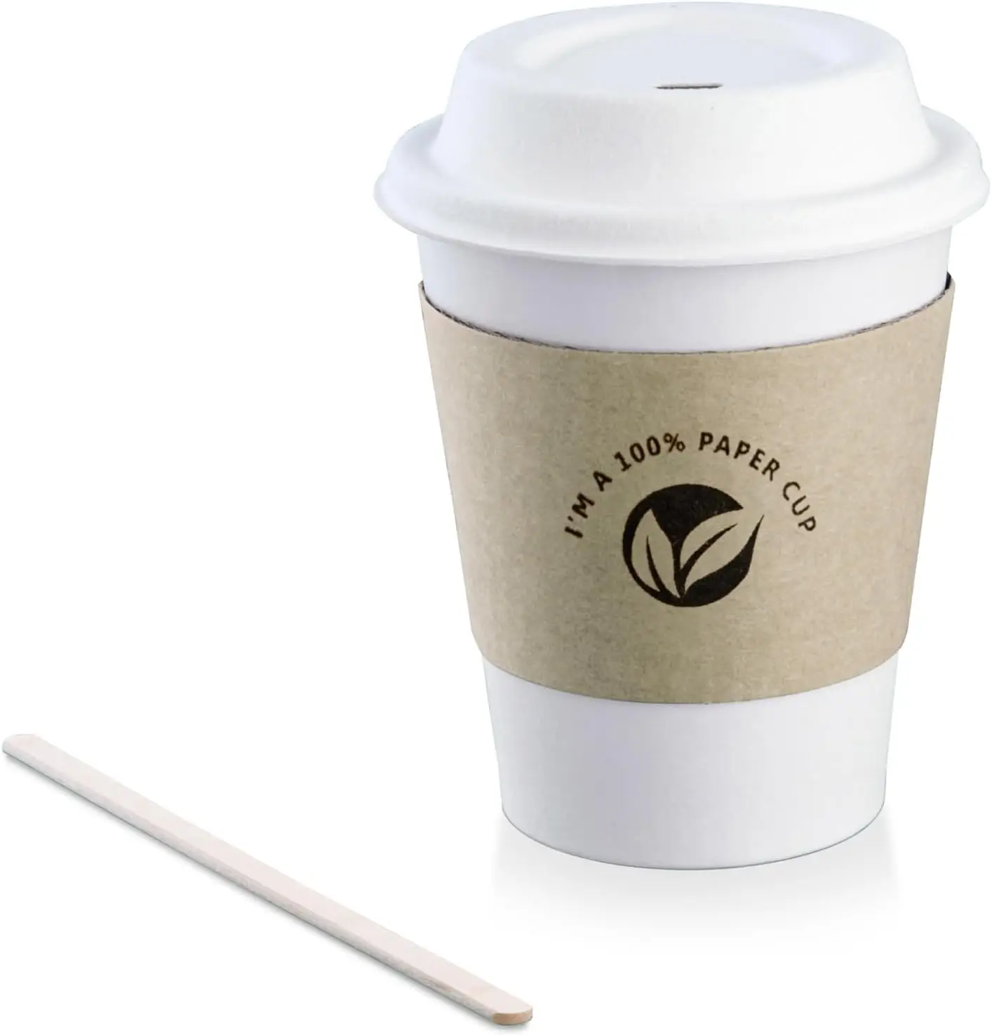 

[100 pack] 12 oz Compostable Coffee Cups with Lids, Kraft Sleeves and Wooden Stirrer Sticks, Eco Friendly Disposable Whi