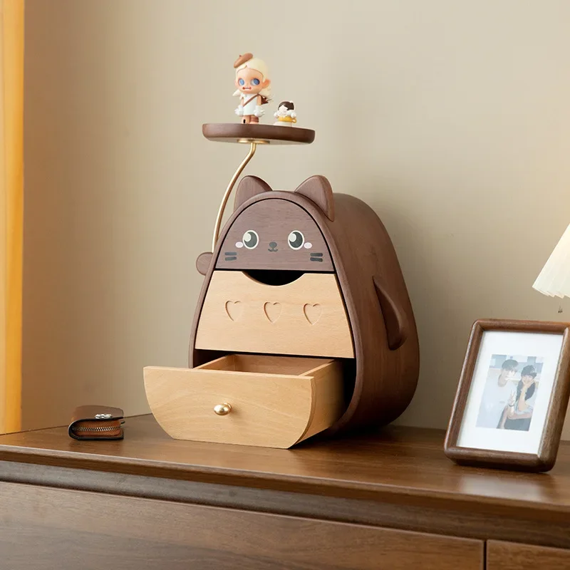 Desktop storage box, solid wood drawer-type sundries sorting, cute cartoon ornaments, desk shelves, birthday gifts.