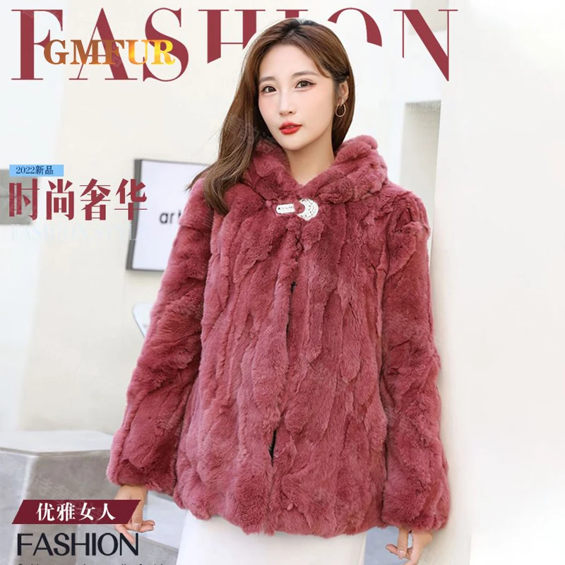 حقيقي ريكس الأرنب الفراء هود معطف فروي امرأة فاخرة موضة جلدية الشتاء سترة المرأة الجلد كله 2025 للإناث القمم الطبيعية #2