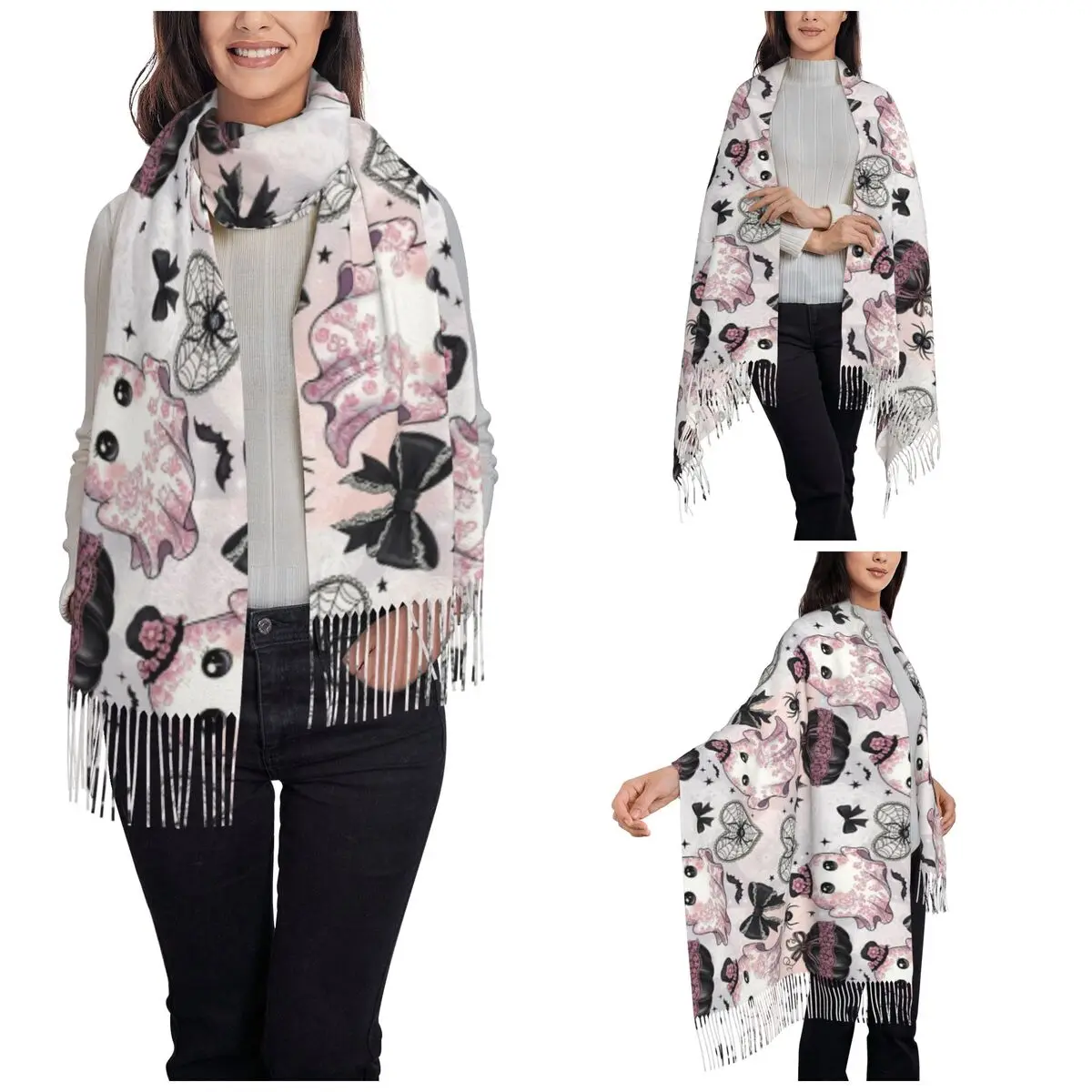 Cute Ghosts Pumpkin Spiderwebs Scarf for Women Fall Winter Shawl Wrap Halloween Single-sided Pattern Scarves with Tassel