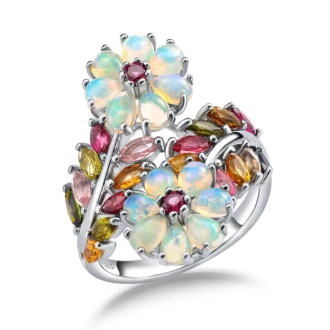 

SEASKY Natural Opal Tourmaline 3ct Gems Flower Rings for Women Authentic 925 Sterling Silver Colorful Trendy Fine Jewelry