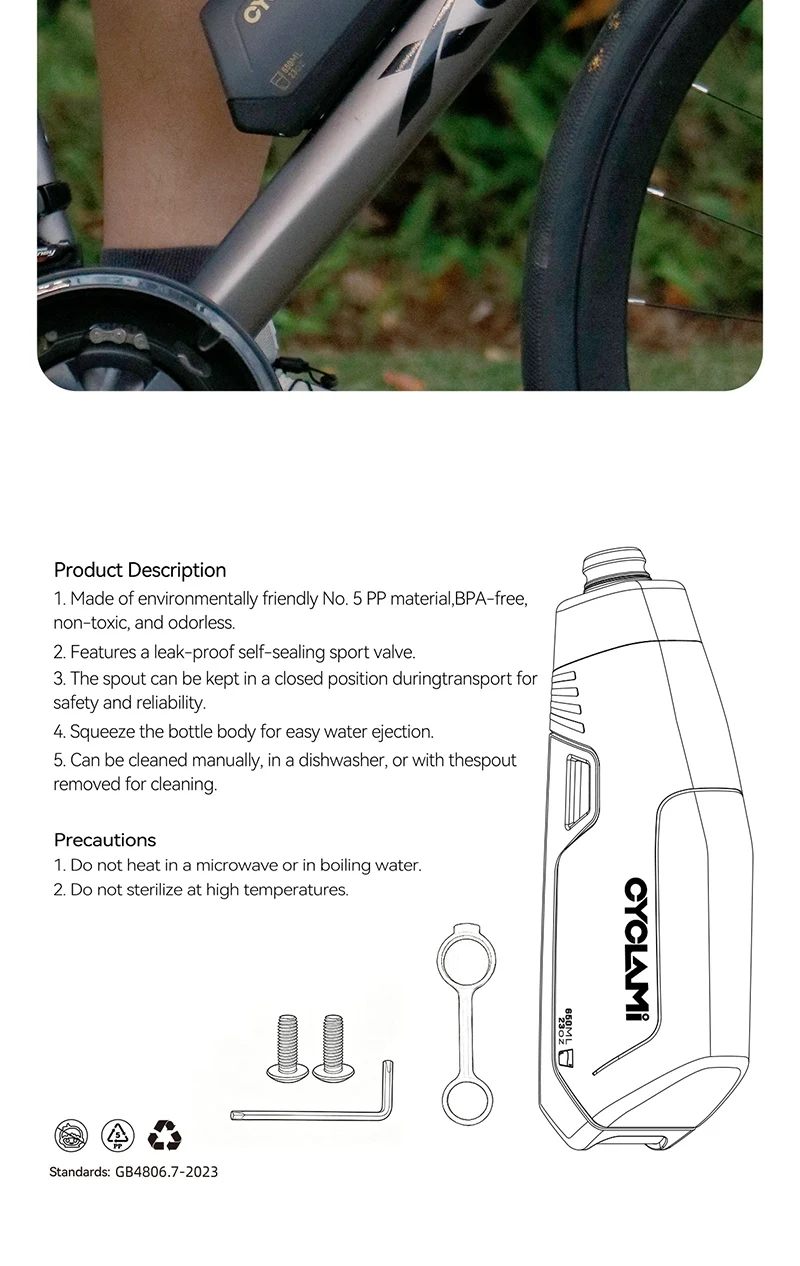 CYCLAMI 650ml Aerodynamisches Fahrradflaschenhalterungsset PP5 Quetschbare Fahrradflasche mit Silikondeckel für Rennrad und Mountainbike-Rahmen – Detail 11