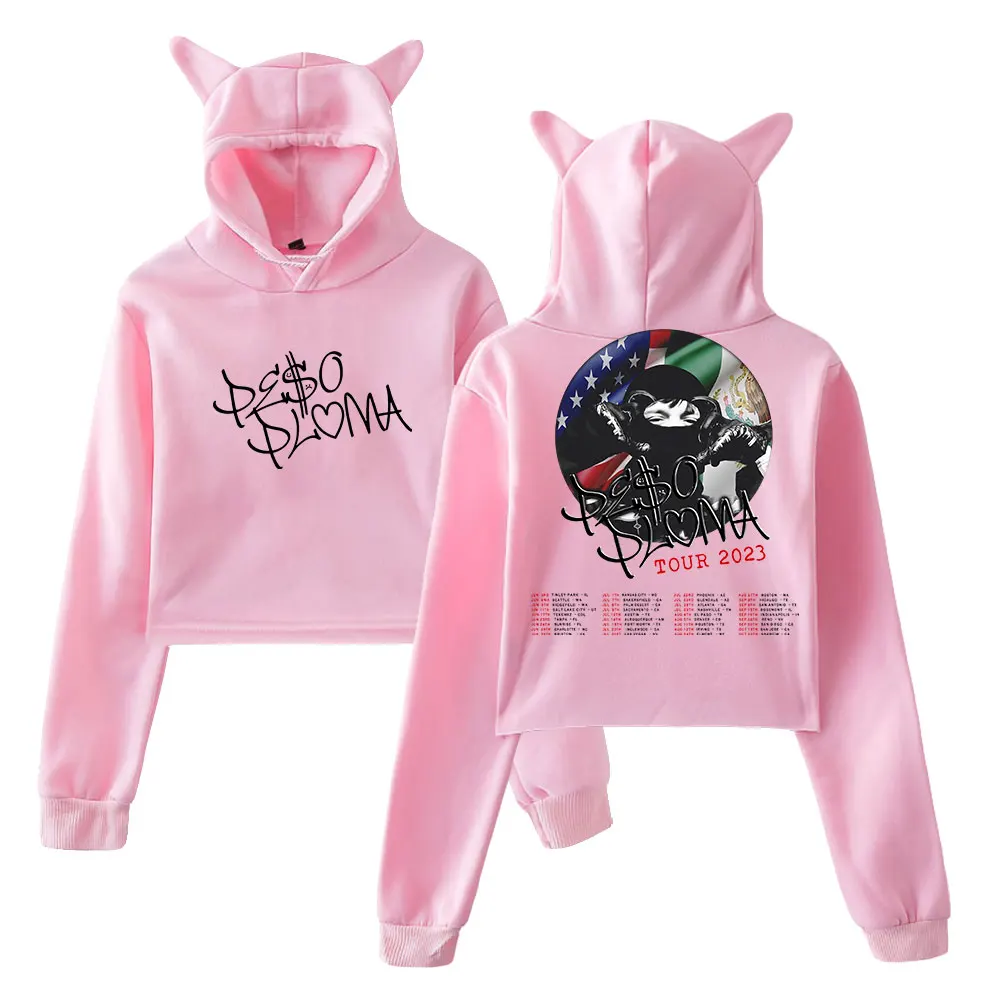 Peso Pluma Flag Tour Pullover Katzenohren Hoodie Mode Langarm Sweatshirts Weibliches Crop Top 2023 World Tour Damenbekleidung