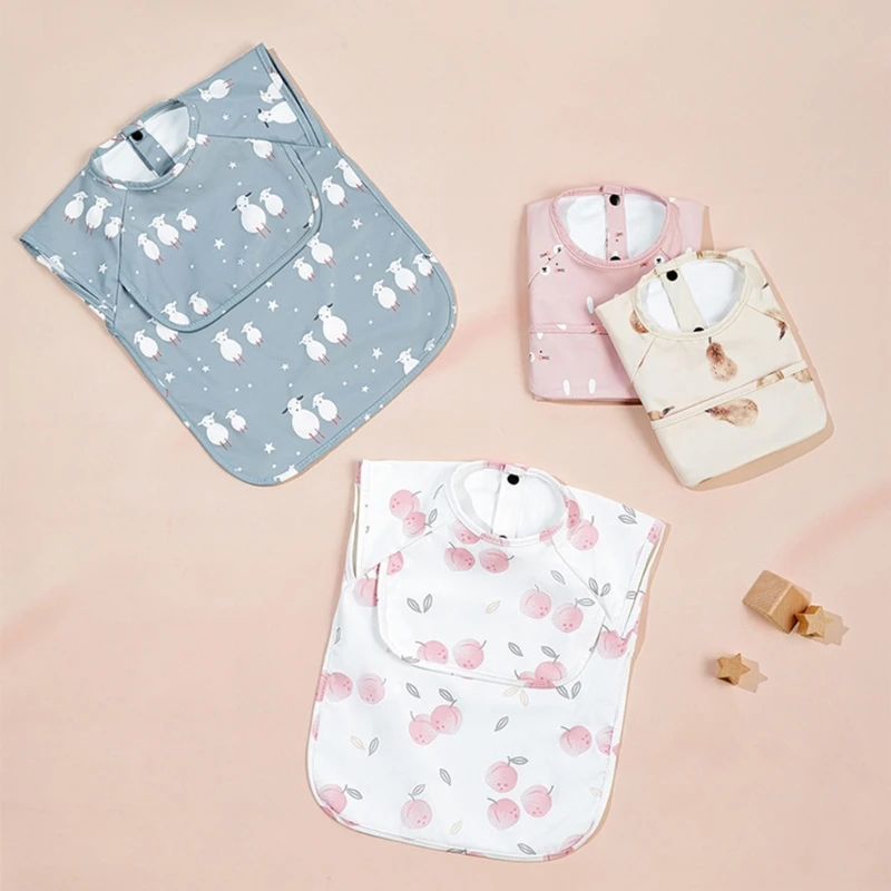 Baby Mealtime Smock PU Waterproof Bib Short Sleeve Teething Bib with Front Pocket, Feeding Apron for Stain Protections image 3