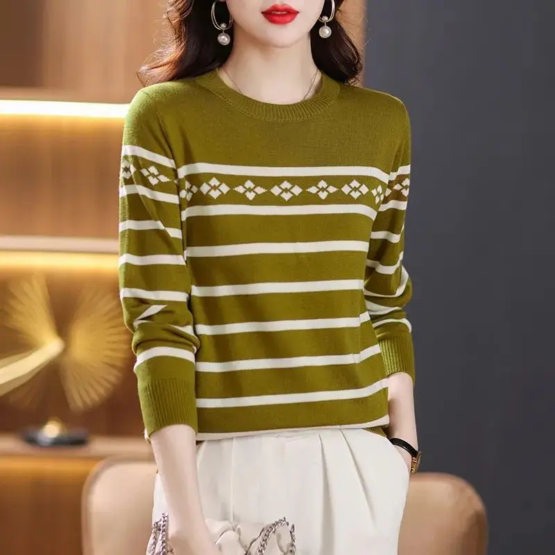 Women\'s Clothing Sweater Knitted Pullover Long Sleeve Screw Thread Round Neck Contrast Color Autumn Winter All-match Tops