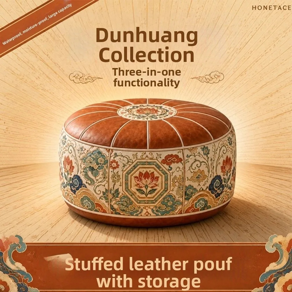 New PU Leather Ottoman Pouf Boho Pattern Round Shape Storage Ottoman Fillable Foldable Footstool Cover Multipurpose Storage view 3