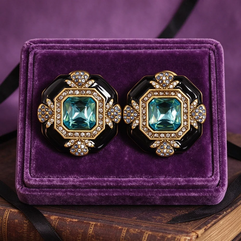 Vintage fashion Black enamel blue diamond inlaid square earrings for women's Party jewlry accessories