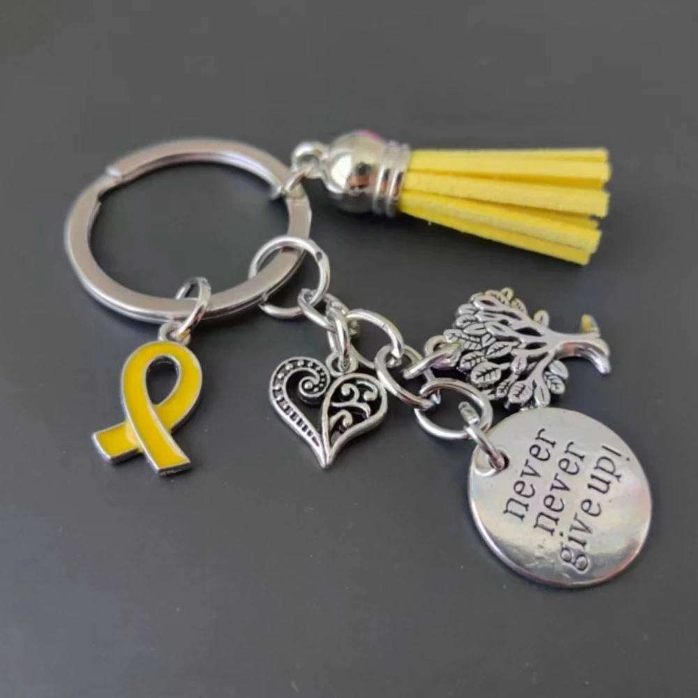 PBR107(1), New Yellow Ribbon Endometriosis Awareness Keychains Life Tree Heart Never Give Up Charms Keyring Key Chain Jewelry