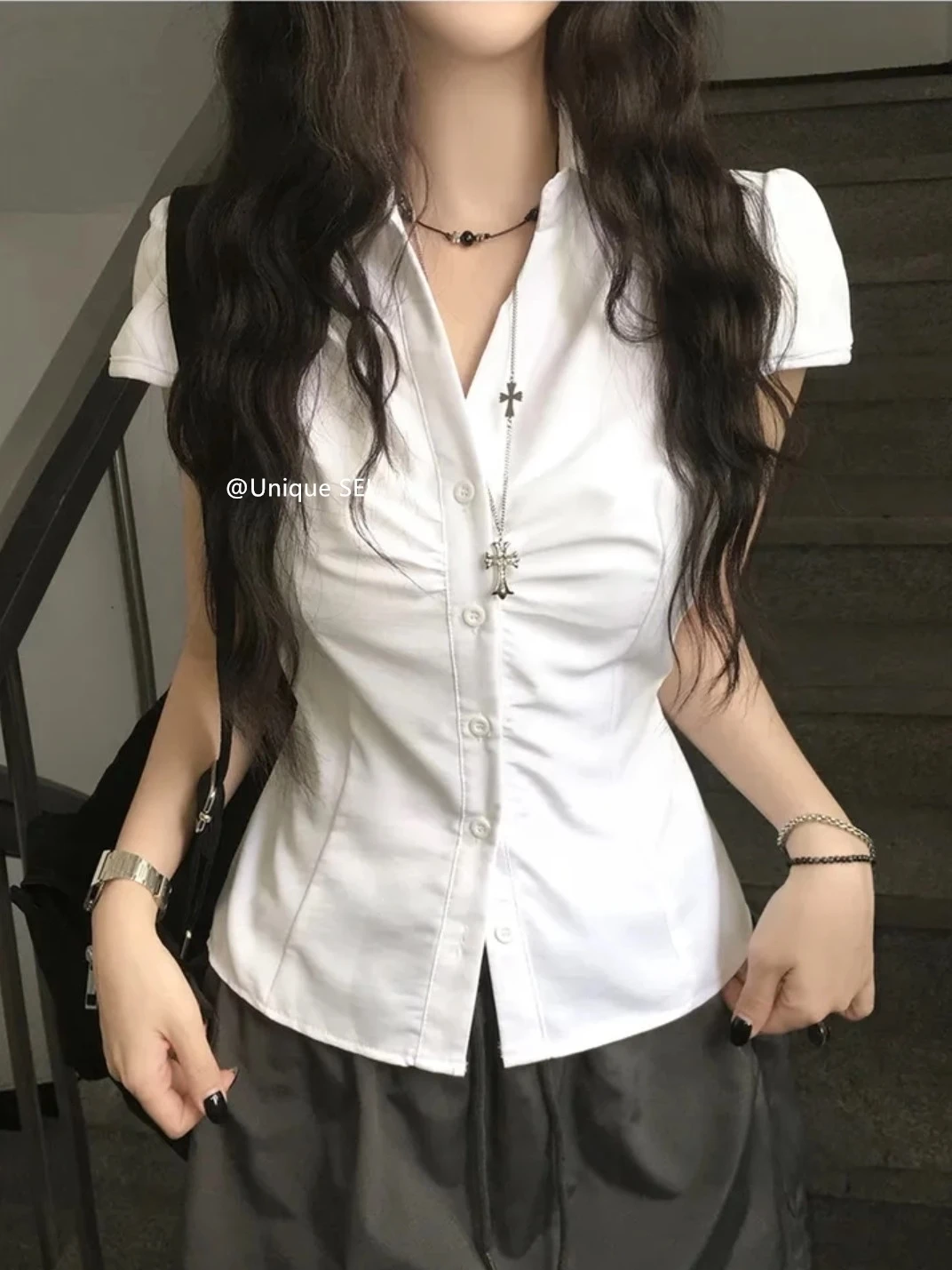 

ZHISILAO New White Short Sleeve Shirts Women Vintage Y2k Casual Slim Fit Shirts Summer 2026 Tops Chic