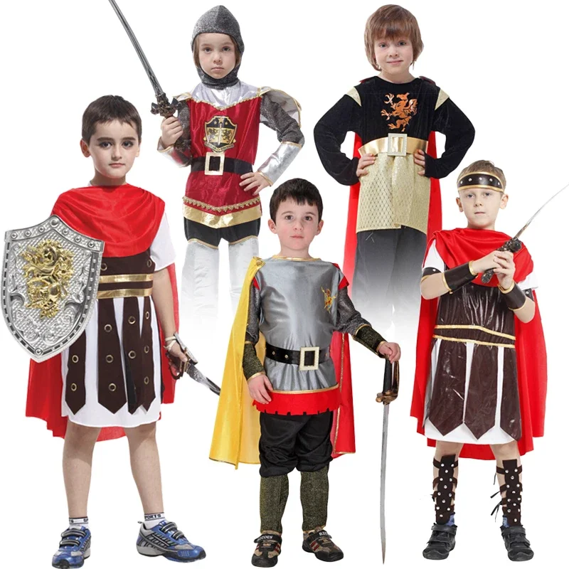 Kids Boys Royal Warrior Knight Costumes Soldier Children Medieval Roman Attached Cape Halloween Carnival Party No Weapon