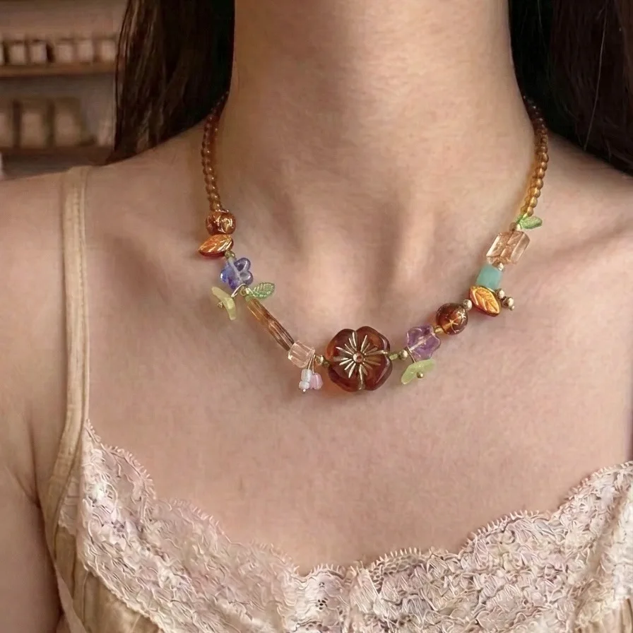 Bohemian Colored Flower Handmade Beaded Necklace for Girls Harajuku Aesthetic Charm Jewelry Accessories ﻿