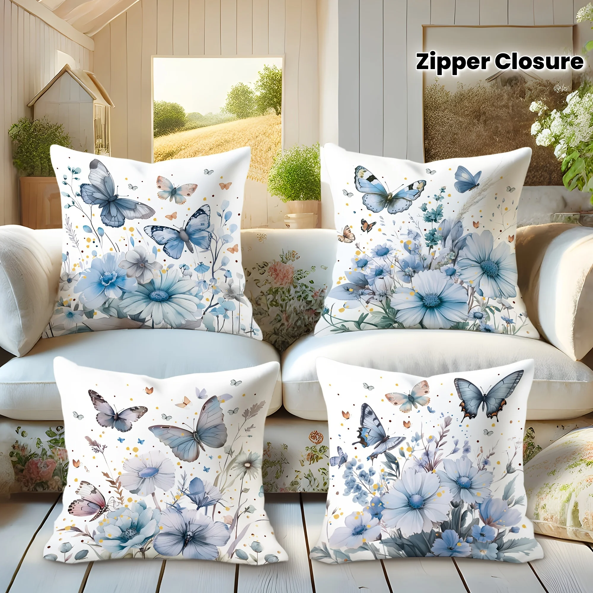4 fundas  almohada  terciopelo con estampado floral azul y blanco - Estilo contemporáneo campestre, acuadas para sofá, cam