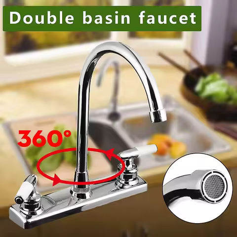 Modern Double Lever Chrome Kitchen Sink Hot and Cold Mixing Faucet 2-hole Deck Installation Faucet Kitchen Supplies 360 Degree