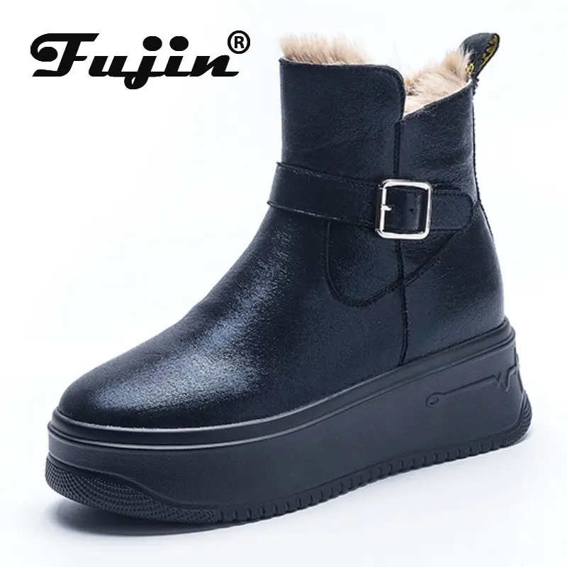 Fujin 7.8cm stivaletti alla caviglia sintetici in microfibra donna camino moda inverno autunno donna tacchi nascosti peluche scarpe da donna calde