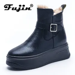 Fujin 7.8cm stivaletti alla caviglia sintetici in microfibra donna camino moda inverno autunno donna tacchi nascosti peluche scarpe da donna calde