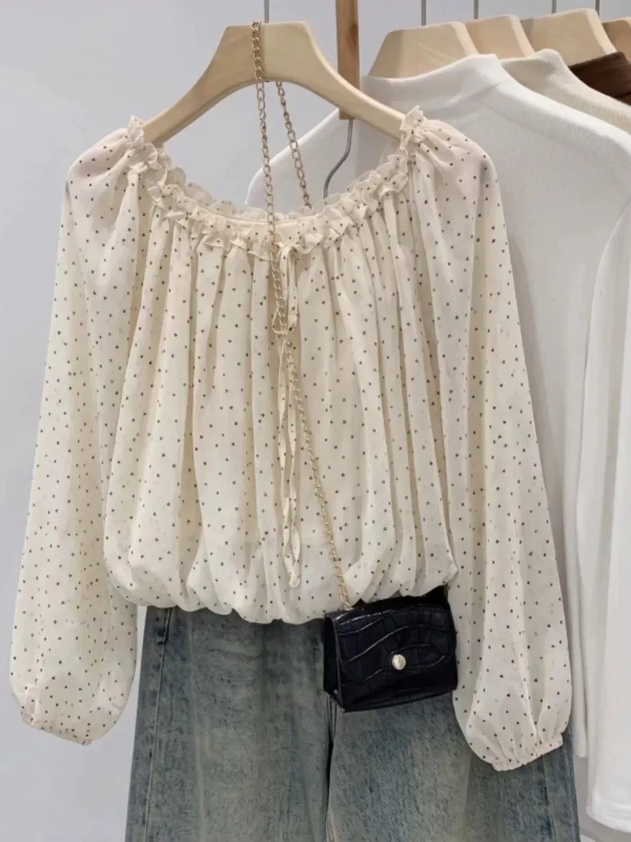 Summer Polka Dot Chiffon Shirt Women's One Shoulder Long Sleeve Slim Fit Casual Style Large Size Fashion Top Ageless Small Shirt