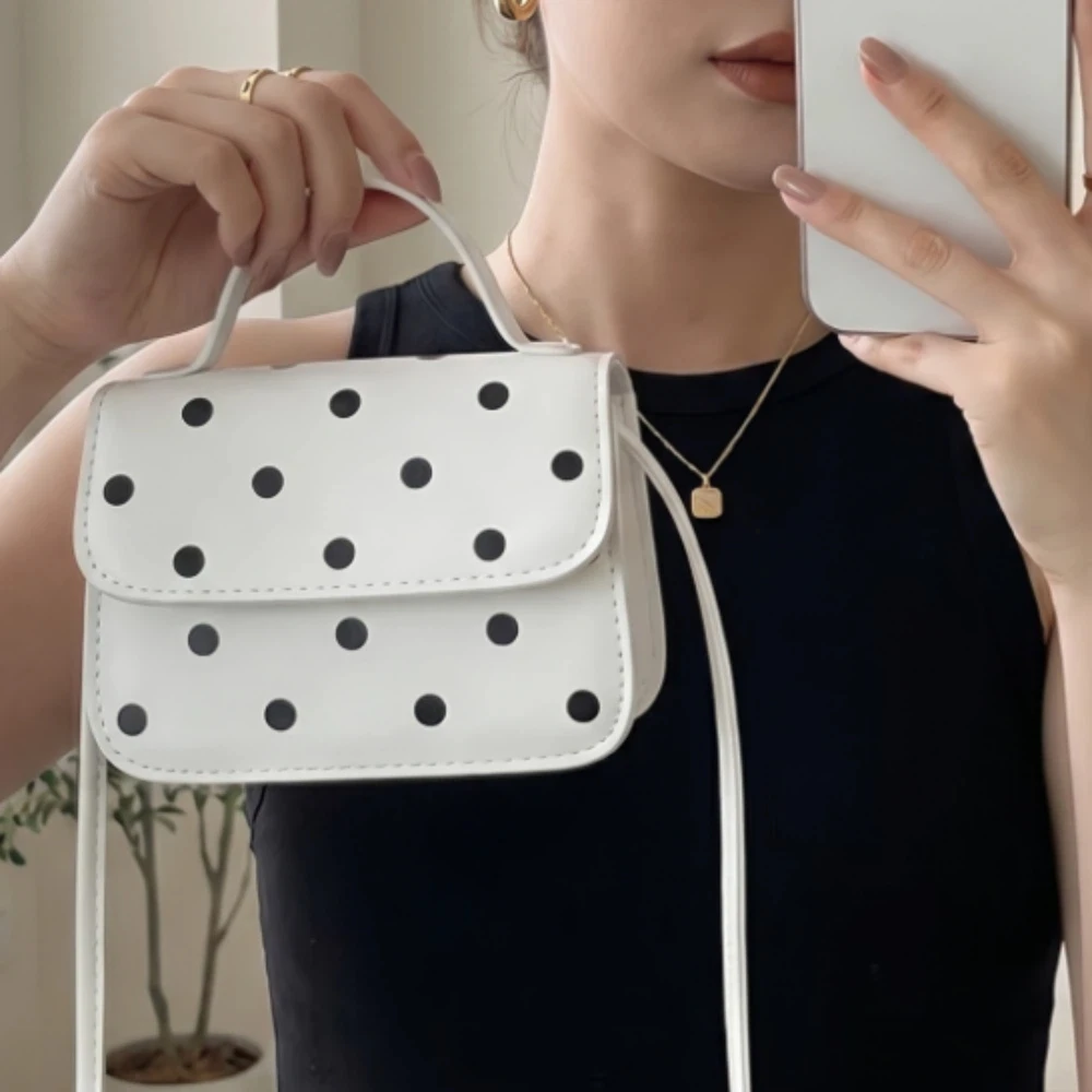 New Sweet Polka Dot Crossbody Bag PU Oil-Tanned Edges Single-Shoulder Bag Lightweight Polyester Lining Mini Square Bag Women