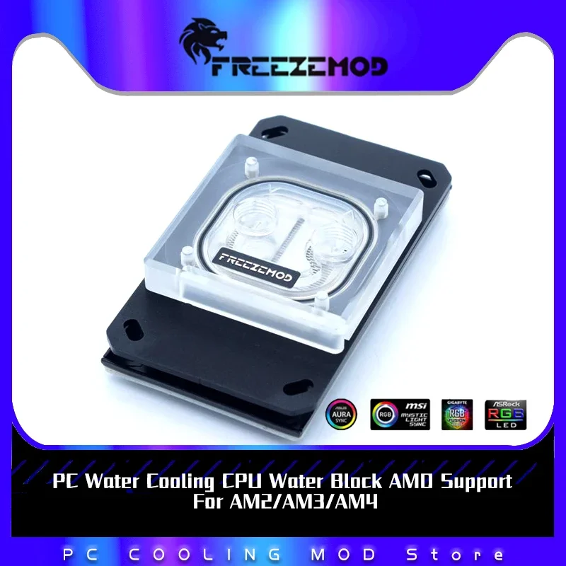 FREEZEMOD PC Water Cooling CPU Water Block AMD Support For AM2/AM3/AM4, 0.5 Channel Jet,Transparent CPU Cooler, AMD-PM3D