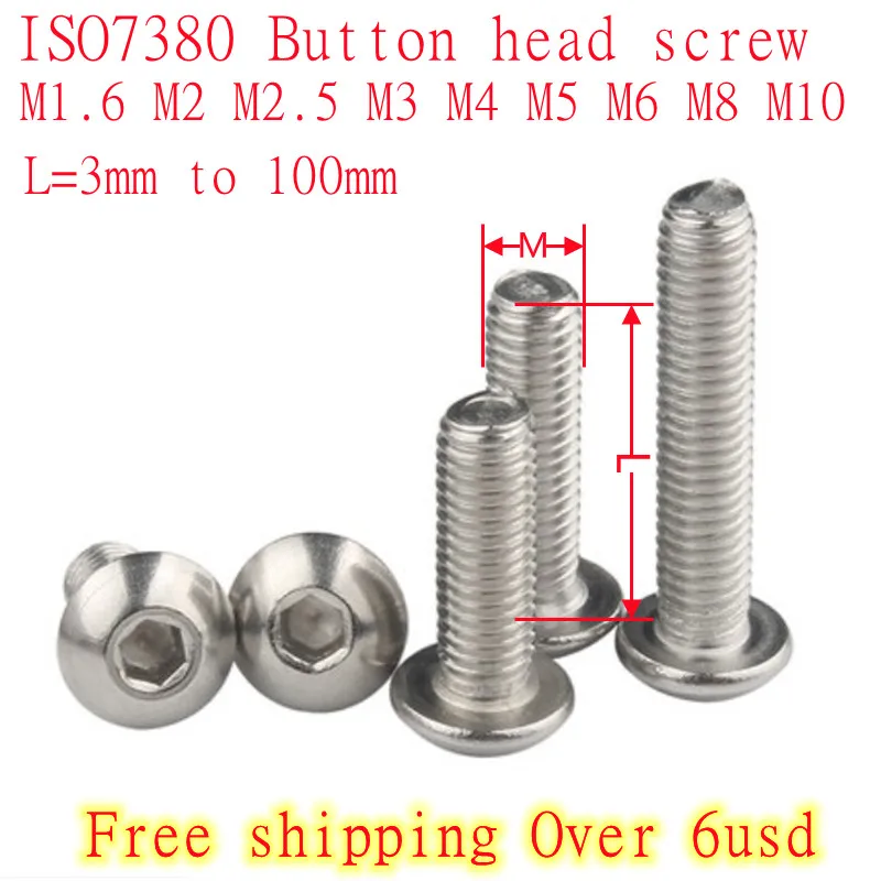 2pcs-100PCS ISO7380 button head screw M1.6 M2 M2.5 M3 M4 M5 M6 M8 M10 304 Stainless Steel A2 Mushroom Hexagon hex Socket Screw