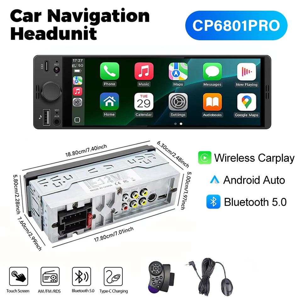 1DIN 6.86 inch universele MP5 autoradio met draadloze Carplay, Android Auto, AUX, USB, BT, touchscreen en multimediaspeler
