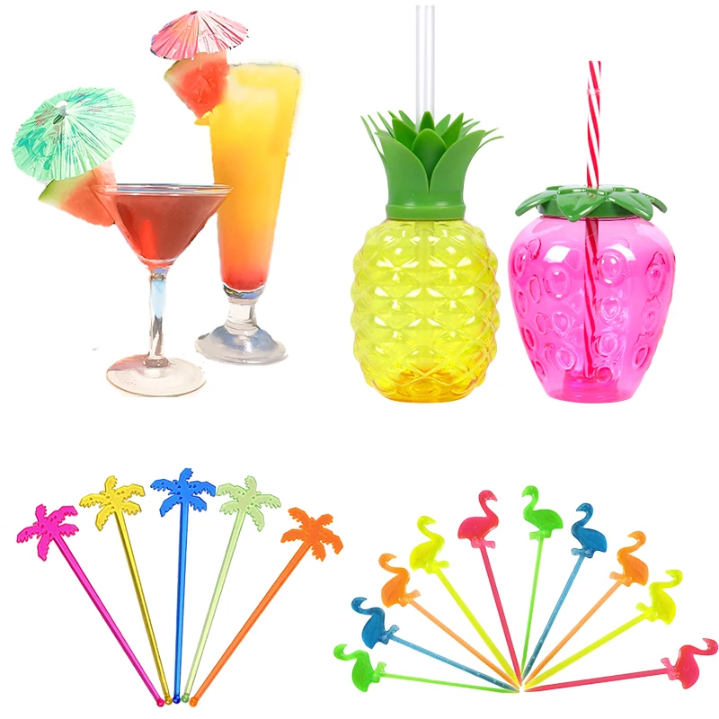 

Strawberry Cups Coconut Tree Drink Stirrers Flamingo Fruit Picks for Summer Hawaiian Party Decor Beach Pool Aloha Party Supplies