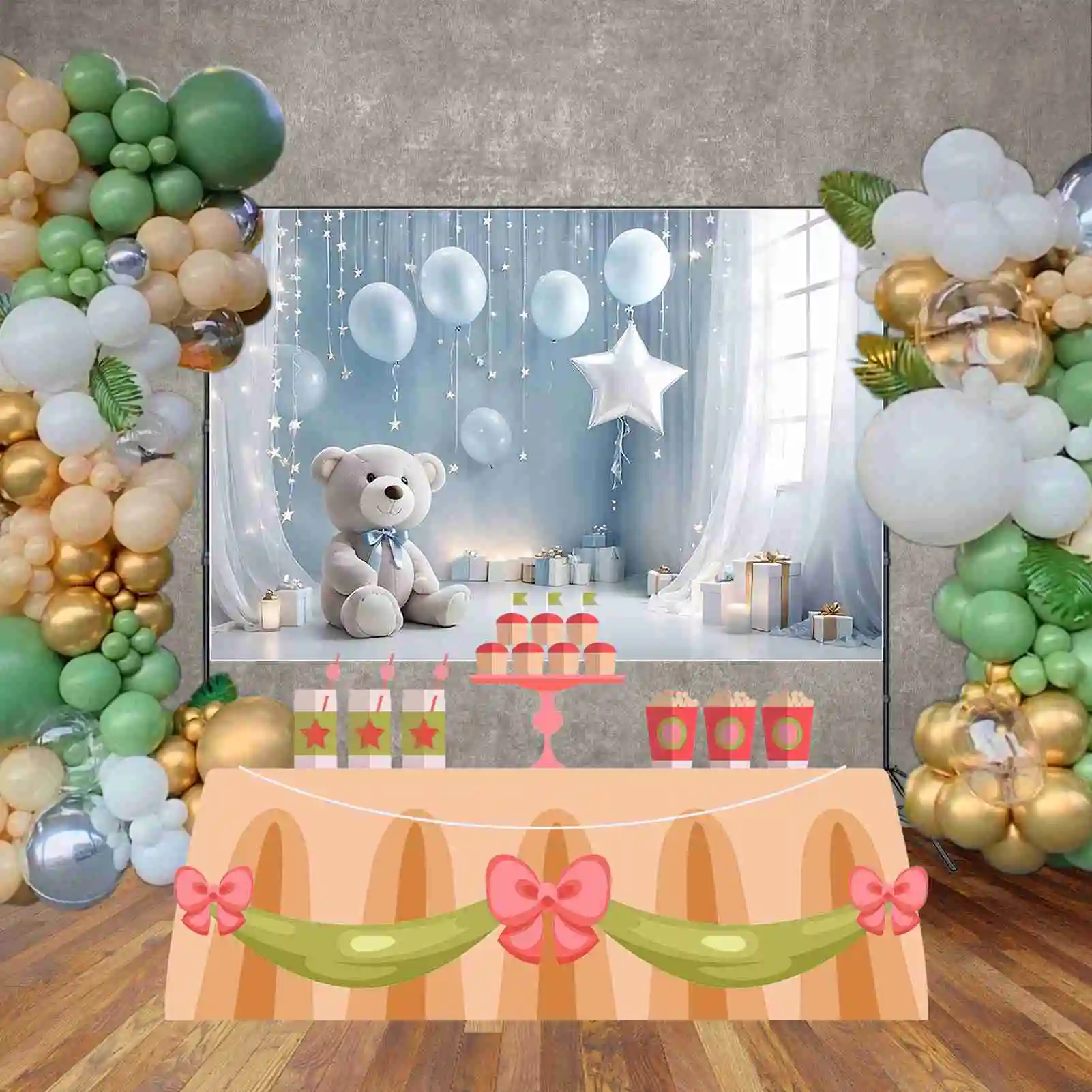 MOON.QG-cortinas de oso de peluche para niños, telón de fondo de un cumpleaños, globo azul, fondos blancos, decoración de fiesta personalizada, accesorios de Photozone