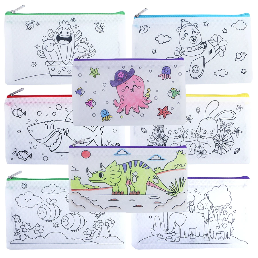 5/10pcs 21cm Non-woven Cartoon Pen Bag Line Pattern Design Stationery Storage Bag Lightweight Large Capacity Pencil Case School