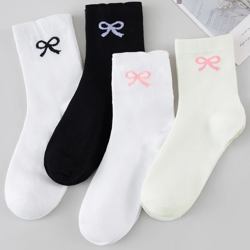 1/4/5/10 Pairs Women Sweet Cute Bow‑Knot Design Comfortable Breathable Mid‑Calf Socks