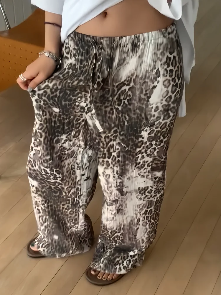 Botvotee Style coréen guépard imprimé pantalon femmes 2025-pantalon à jambes larges taille élastique automne mode coupe ample confortable Chic