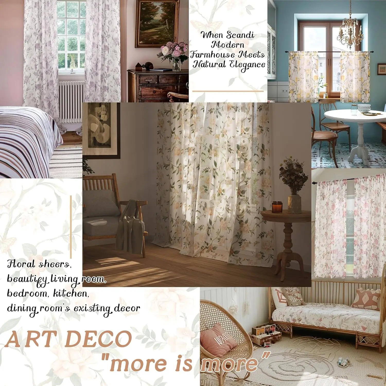 Floral Sheer Curtains for Girls Bedroom, Vintage Farmhouse Light Filtering Privacy Semi-Sheer Linen Curtains for Kids Nursery
