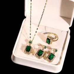 Luxury Emerald Color Earring Necklace Rings Set For Woman Stainless Steel Zircon Rectangle Pendant Necklace Party Jewelry Gift