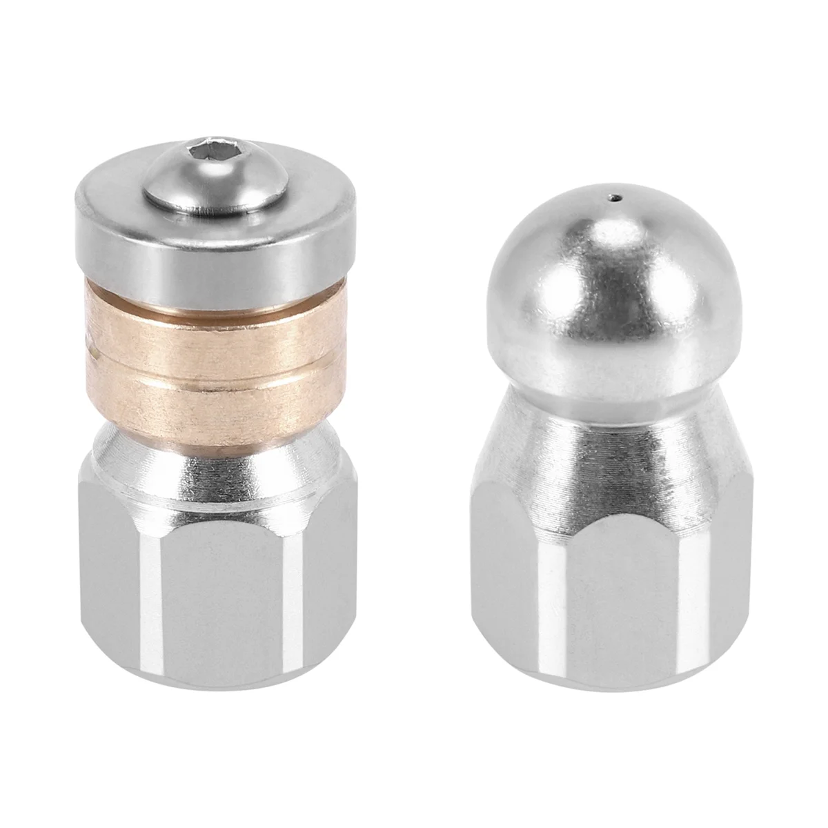 Bico de mangueira de jato de esgoto, bico de mangueira de lavadora de alta pressão, 1 bico de nariz de botão e 1 bico giratório, pacote de 2 tamanhos quentes