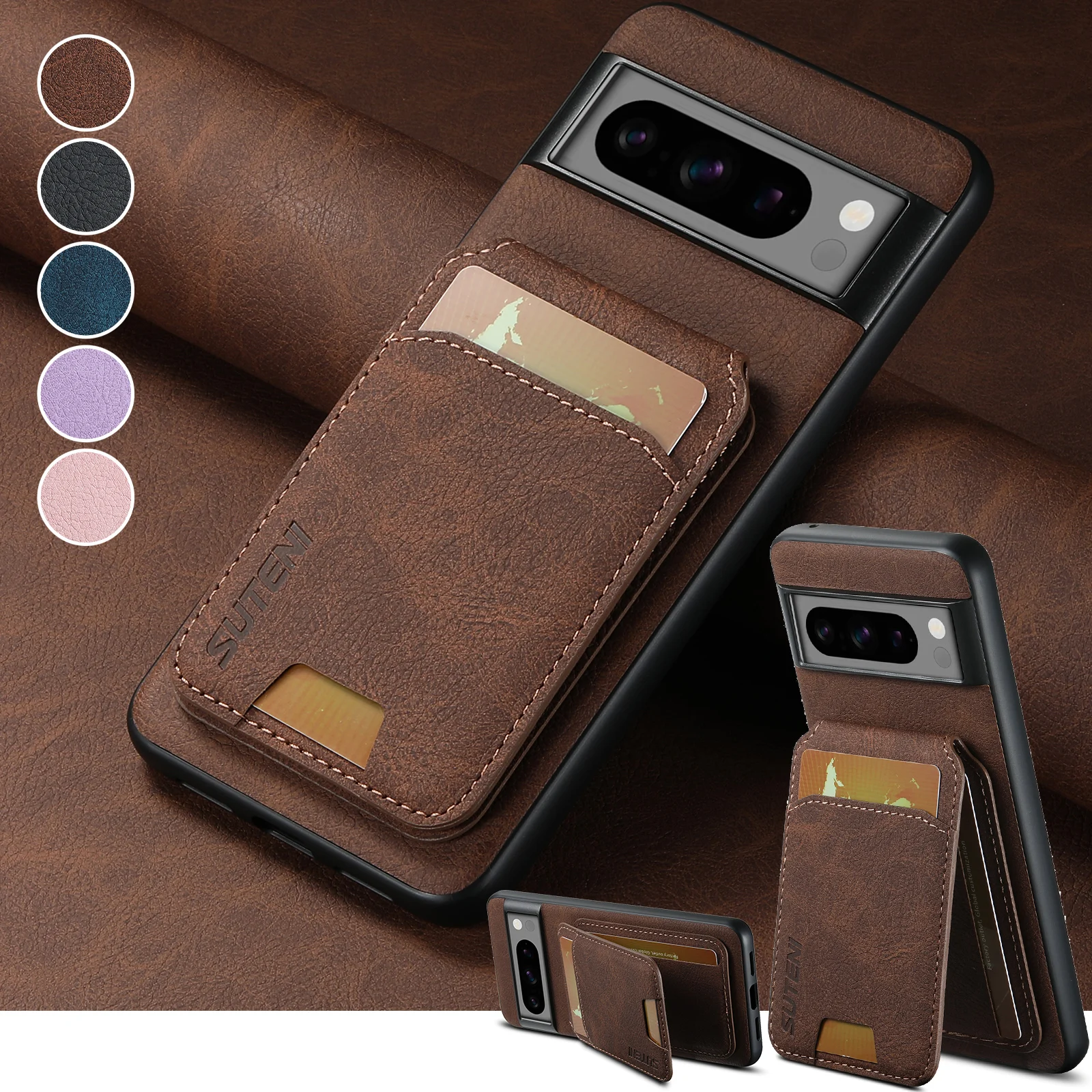 SUTENI Luxus-Kartenhalter aus Kunstleder mit Standfunktion, mattiertes Gefühl für Google Pixel 9XL 8Pro 7A 6