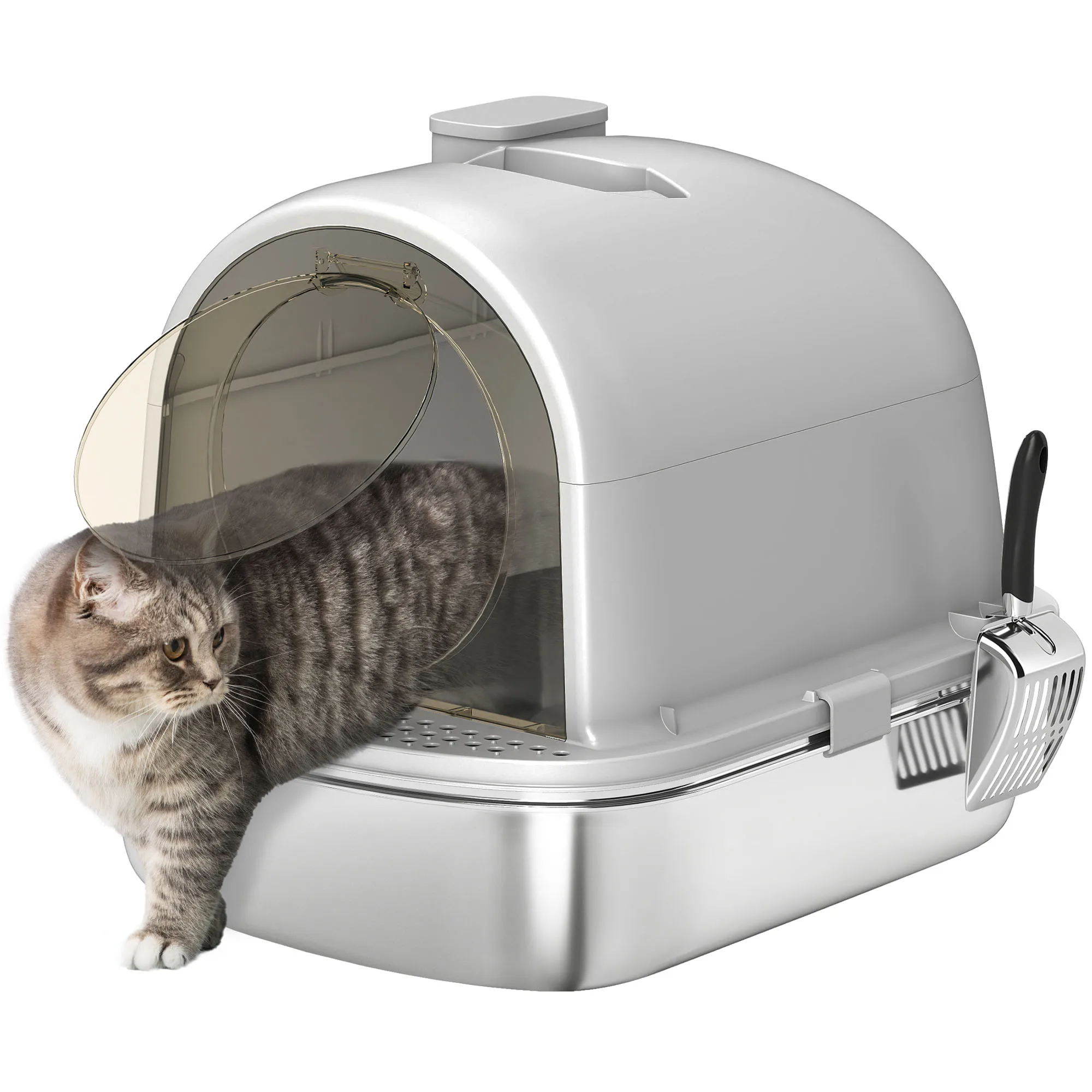 Pawhut RVS Kattenbak met Afdekking en Geurwerende Zak