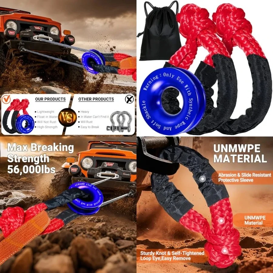 

Synthetic Soft Shackle Rope 1/2 x 22 Inch Red Recovery Tow Shackles with Blue Recovery Ring 56,000lbs Breaking Strength Offroad Soft Shackle Recovery Kit for Off-Road Winch and Vehicle Towing