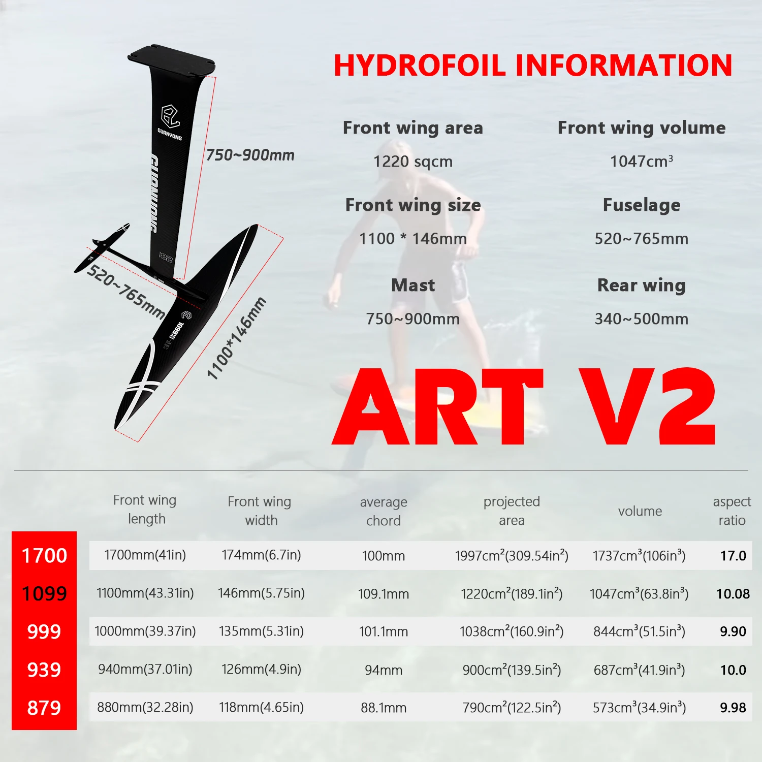 

Customizable Logo Carbon Fiber Water Wings 1200 Sq Cm GY-1099V2 Model for Surfing Kite SUP - Summer Best-Selling Design