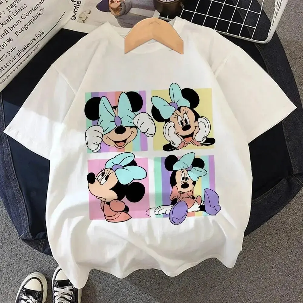 Summer Minnie Children Cotton T-shirt Kawaii Anime Disney Mickey Mouse T Shirt Cartoons Casual Vintage Clothes Kid Girl Boy Top