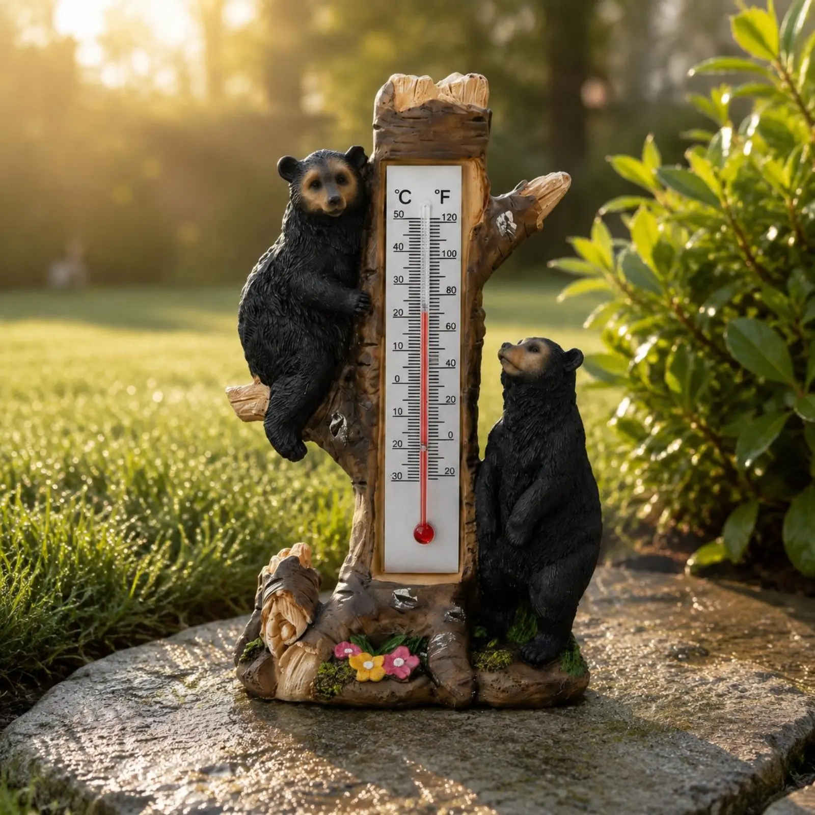 Bear Thermometer Statue Easy to Read Black Bear Temperature Decor Creature Garden Thermometer Weather Gauge Double-Scale view 4