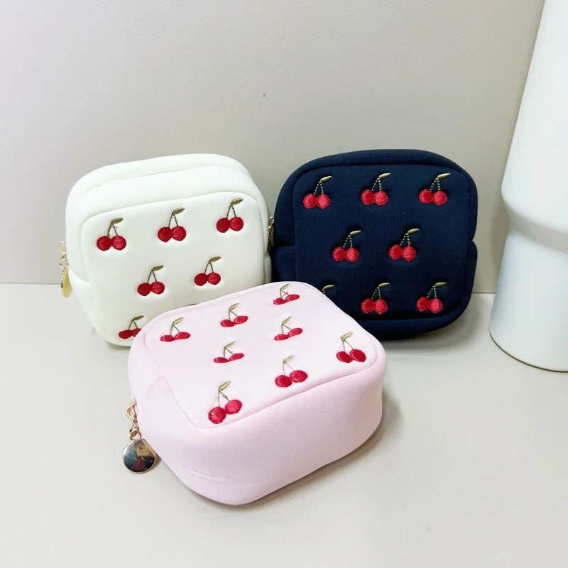 Spring new Korean style mini square makeup bag for women embroidery cherry Sanitary Napkin Storage Bags girls Period organizer