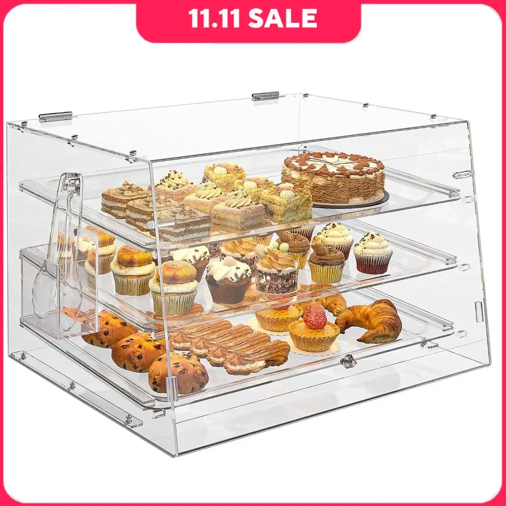 Pastry Display Case W/Removable Trays & Serve Tong, 3-Tier Pastry Display Case, Commercial Countertop, Refrigerator Display Case