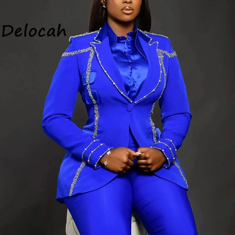 Delocah 2026 primavera nueva moda mujer cuello manga larga traje con cuentas de uñas abrigo + Pantalones de pierna recta conjunto de dos piezas