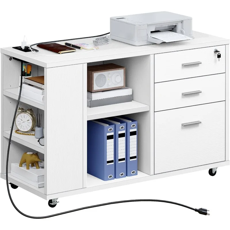 

File Cabinet with Charging Station, Mobile Lateral Filing Cabinet with Lock for Home Office, Printer Stand with Open St
