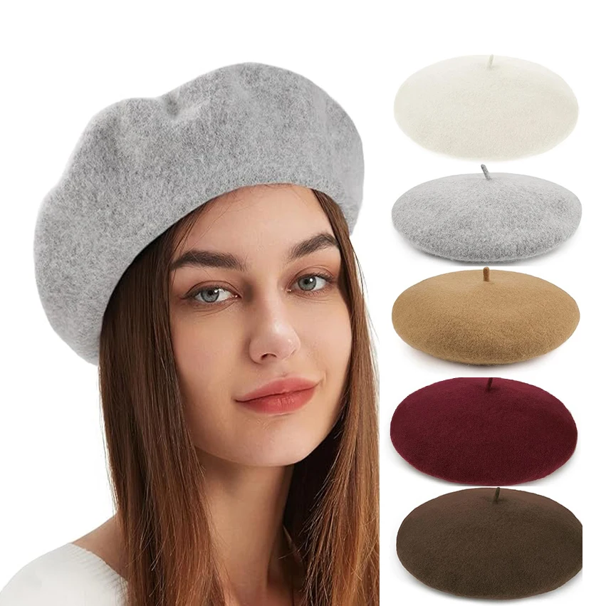 

New Women Wool blend Beret Hat Breathable Painter Hat Vintage Warm Hats French Style Solid Color Beanie Hats