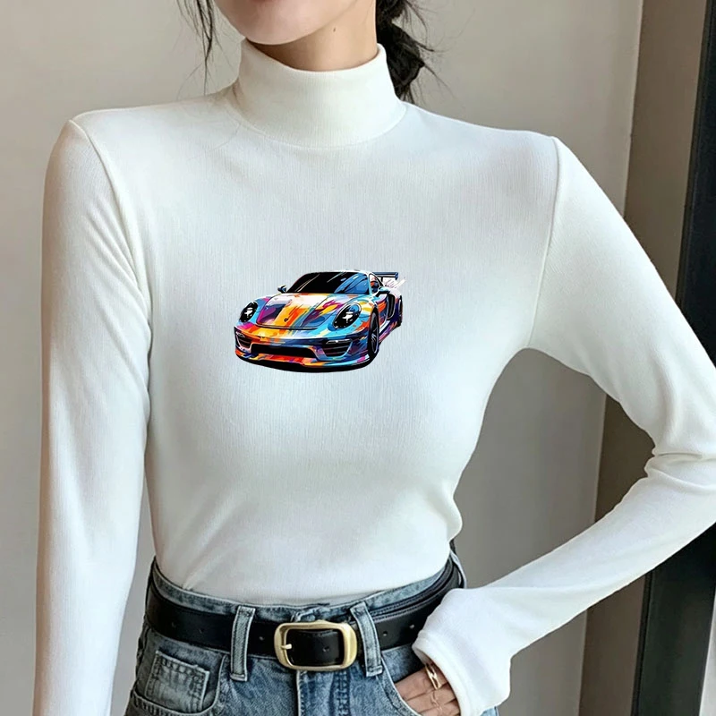 Winter Women's Thermal Brushed Fleece Half Mock Neck Long Sleeve T Shirt Race Car Wing Color Splash Graphic Warm Tee