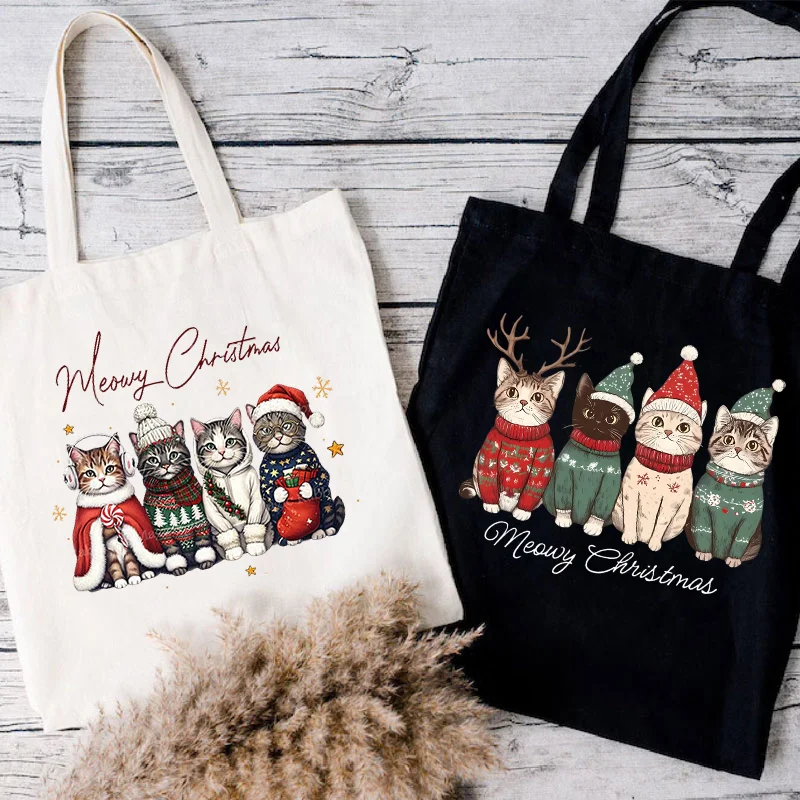 Meowy Christmas Cat Theme Shoulder Bags Family Xmas Cat Party Tote Bag Fashion Shopping Bag High-capacity Women Teen Handbag