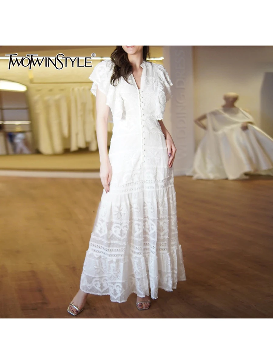 

TWOTWINSTYLE Solid Spliced Button Slimming Dresses For Women V Neck Sleeveless High Waist Temperament Dress Female Fashion New