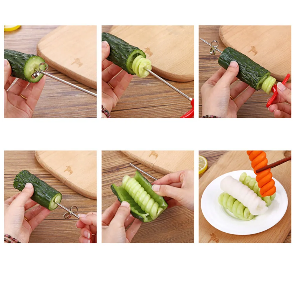 A2590 Stainless Steel Coils Knife Red Easy to Use Creative Vegetable Cutter Cucumber Rotating Fruit Carving Tool