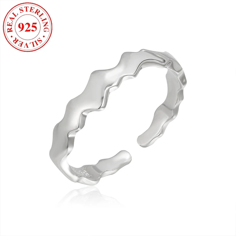 

925 Sterling Silver Wave Glossy Women's Open End Ring Hypoallergenic Suitable for Women Simple Fashion Jewelry Gifts